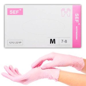 Перчатки SEF нитриловые неопудренные M 100 шт. Розовые (1212223P)